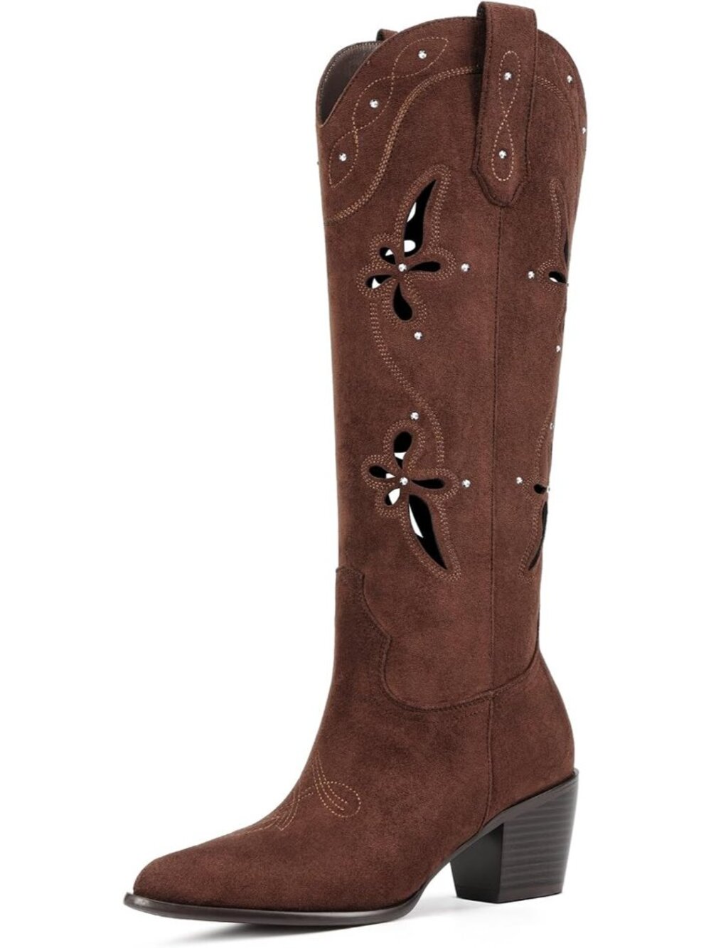 Women's Brown Faux Suede Retro Embroidery Pointed Toe Chunky Heel Cowgirl Boots
